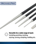Four tools from the 27 Piece Punch And Chisel Set With Center Punches Pin Punches Long Taper Starter Punches Chisels Gauge And Tool Pouch In Heavy Duty CR-V Steel For Pros And DIYers.