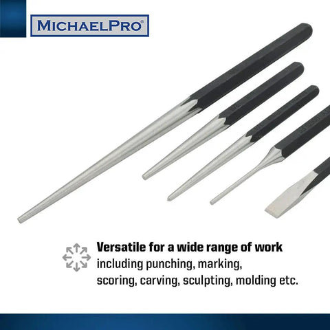 Four tools from the 27 Piece Punch And Chisel Set With Center Punches Pin Punches Long Taper Starter Punches Chisels Gauge And Tool Pouch In Heavy Duty CR-V Steel For Pros And DIYers.