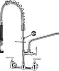 Pro Grade Commercial Wall Mount Kitchen Faucet With Sprayer, 25 Inch Height, 8 Inch Center, Pre Rinse Sprayer, 12 Inch Swivel Spout