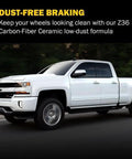 PowerStop Z36 carbon-fiber ceramic rear brake pads banner over a white pickup truck in motion