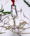 Neosmuk magnet fishing kit front view: red rope and carabiner with a large silver neodymium magnet, scattered nails.