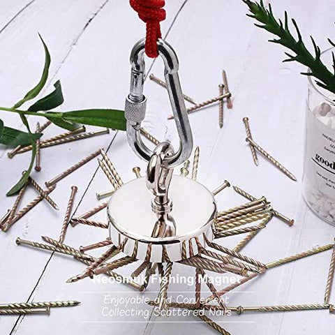 Neosmuk magnet fishing kit front view: red rope and carabiner with a large silver neodymium magnet, scattered nails.