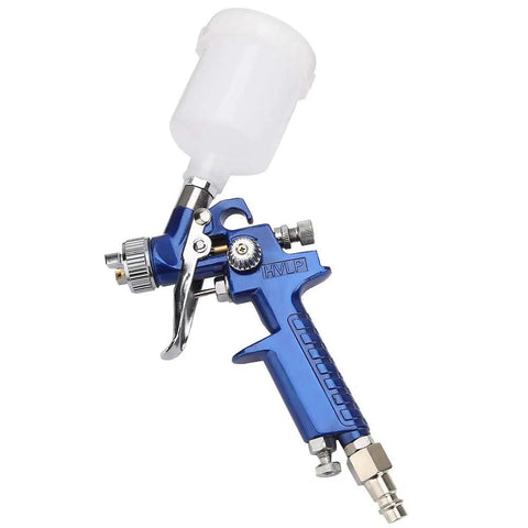 High Performance Pneumatic HVLP Gravity Feed Oil Paint Sprayer Hella Fine Atomization With Badass Overspray Control For Auto Body Furniture Panels And Creative Projects To Save Serious Cash On Supply, blue spray gun with top mounted cup.