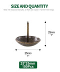 Top Shelf 100 Pack Bronze Upholstery Tacks 1 Inch Furniture Nails showing antique brass thumb tacks kit on measurement graphic.