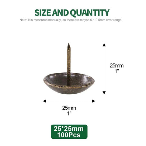 Top Shelf 100 Pack Bronze Upholstery Tacks 1 Inch Furniture Nails showing antique brass thumb tacks kit on measurement graphic.