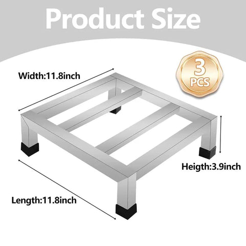 Diagram of 3 Pack Stainless Steel Dunnage Rack Set With Over 1000 Pound Capacity No Assembly Floor Shelves dimensions 11.8x11.8x3.9 inches.