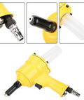 Built Like A Tank Pneumatic Rivet Gun Featuring An Easy Grip Design And Rapid Air Powered Drive For Auto Repair And Metal Fabrication 2 Point 4 To 4 Point 8 mm Fasteners In Bright Yellow close-up of nozzle and handle