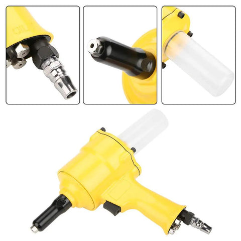 Built Like A Tank Pneumatic Rivet Gun Featuring An Easy Grip Design And Rapid Air Powered Drive For Auto Repair And Metal Fabrication 2 Point 4 To 4 Point 8 mm Fasteners In Bright Yellow close-up of nozzle and handle
