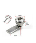 Stainless Steel 18mm Cam Lock Cylinder Lock for Industrial Cabinets with key and lock dimensions shown