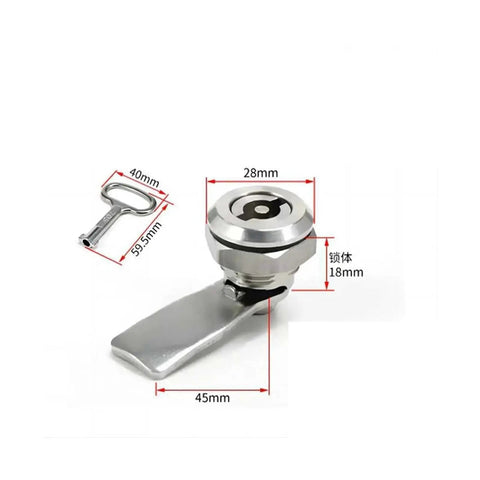 Stainless Steel 18mm Cam Lock Cylinder Lock for Industrial Cabinets with key and lock dimensions shown
