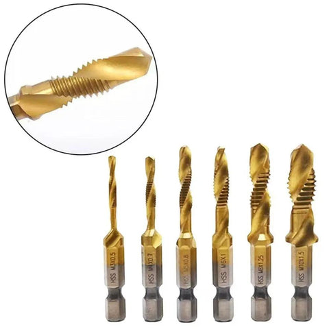 Pro Grade 6 Piece Drill and Tap Set With HSS Titanium Bits for 6-32, 8-32, 10-32, 10-24, 12-24, and 1/4-20 NC Threads displayed