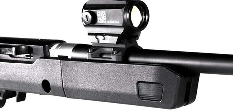 Barrel Mounted Optic Rail For X-22 Backpacker Stock, Retains Zero Between Takedowns, 1913 Picatinny Rail with red dot sight attached