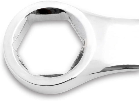 Close-up of open end from the 6-point box 28 Piece Combination Wrench Set With 6 Point Box Ends, SAE And Metric, 15 Degree Offset For Tight Spaces.