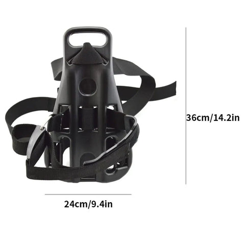 Front view of Oxygen Tank Backpack For Scuba Diving 14.2 Inch Mini Gas Cylinder Carrier with adjustable straps, black