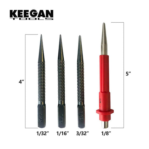 Heavy Duty Nail Setter Punch And Center Punch Set With Three Swappable Tips showing four interchangeable tips for varied fastening tasks.
