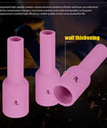 Top Grade 10 Pieces Ceramic Alumina Nozzle Cups For TIG Welding Torch WP-17 18 And 26 Gas Lens Setup Long Shield Cups showing detail of pink cups with thick walls.