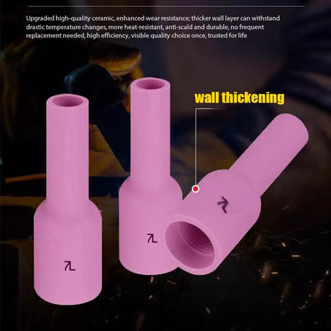 Top Grade 10 Pieces Ceramic Alumina Nozzle Cups For TIG Welding Torch WP-17 18 And 26 Gas Lens Setup Long Shield Cups showing detail of pink cups with thick walls.