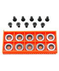 Front view of TANOMATE 5/8 in negative-rake round carbide replacement cutter inserts (10 pcs) in orange 2x5 storage tray.