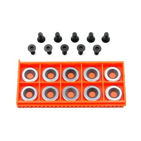 Front view of TANOMATE 5/8 in negative-rake round carbide replacement cutter inserts (10 pcs) in orange 2x5 storage tray.