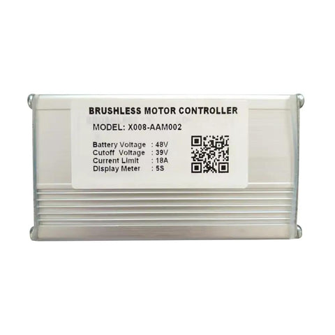 X008 AAM002 48V 18A Brushless Motor Controller For 5S Protocol E Bikes, Electric Scooters, And Mountain Bikes, front view with label
