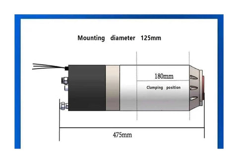 Diagram of Beefy BT30 BT40 Automatic Electrospindle For CNC Milling Machines showing dimensions and clamping position, 475mm length.