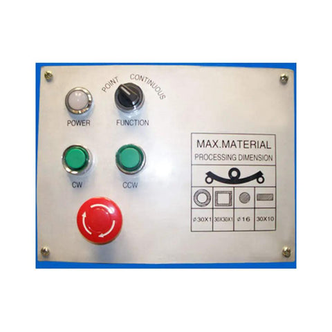 Control panel of Top Shelf Heavy Duty Electric Metal Rolling Rig With One Point Five Horsepower Motor showing operational buttons and functions.