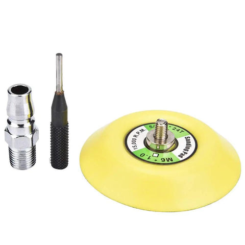 Three Inch Pneumatic Angle Grinder And Eccentric Air Polisher For Smooth Sanding And Oxidation Removal Lightweight 1800 Rpm Die Grinder parts including yellow sanding pad and connectors.