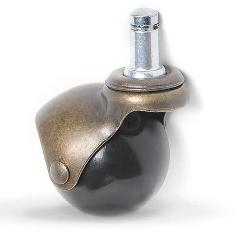 Close-up of a 2 Inch Antique Brass Ball Caster Wheel with black nylon, used for quiet gliding on furniture and office chairs.