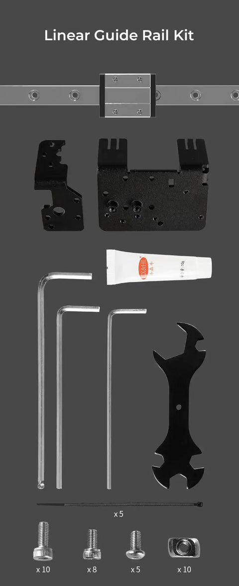 Upgraded Ender-3 Linear Rail Guide Kit MGN12 320mm with screws, wrenches, lubricant, and mounting components