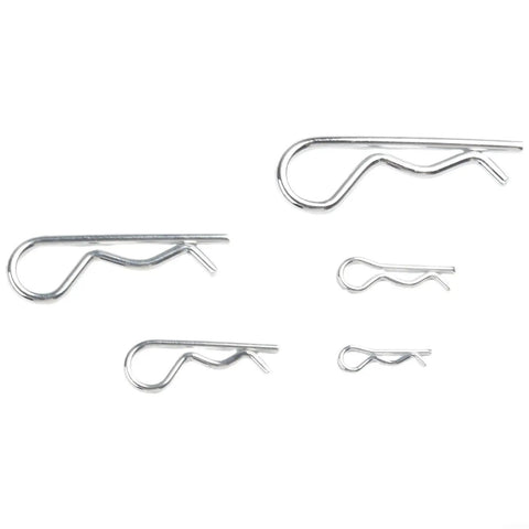 Five sizes of galvanized carbon steel tractor clips from Cotter Pin Assortment Kit with 100 pieces of galvanized carbon steel hitch pins and tractor clips in handy storage box for cars trailers machinery lawn and yard projects pro grade gear.