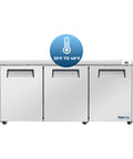 72 Inch 3 Door Undercounter Commercial Refrigerator Packing 16 6 Cubic Feet Of Cooling Space showing stainless steel exterior and temperature range.