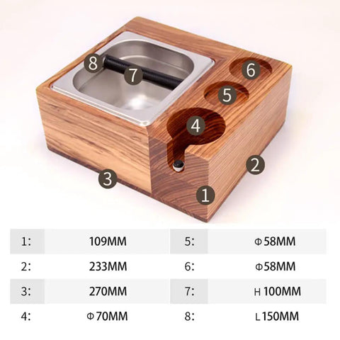 Espresso Tamping Station With Knock Box And Solid Wood Filter Holder Fits 58Mm Portafilters, 270x233x109mm size, wood base.