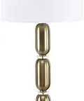 Dope Metal Table Lamp With Glass Disc Middle Stacked Column Base Brushed Matte Gold Finish White Linen Drum Shade 33 Inches Tall