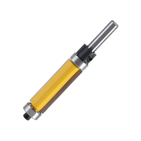 Top Notch Flush Trim Router Bit With Dual Bearings And 1.5 Inch Carbide Blade showcasing the yellow heat coating and 1/4 shank.