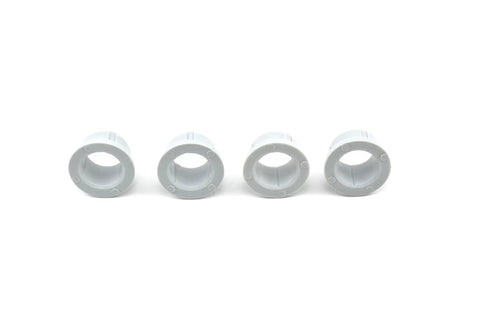 Wheel Bushing Set For Tow Behind Lawn Sweeper Replacement 4 Pack Fits 42 Inch Wide Sweepers To Restore Smooth Wheel Action And Durable Performance On Yard Cleanup, four white plastic bushings