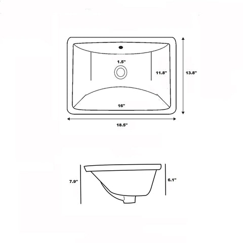 Diagram of Modern Rectangular Undermount Bathroom Sink 18.5 By 13.8 By 7.9 Inches White Ceramic Lavatory With Overflow