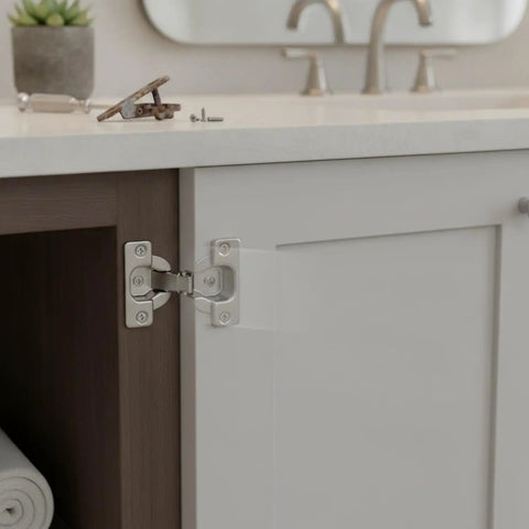 2.46 Inch Short Arm Hydraulic Cabinet Hinge With Soft Close in use on white cabinet door, carbon steel hardware