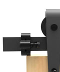 Close-up of sliding barn door stopper rail stop on a black satin aluminum alloy track, adjustable for 1.57 inch width tracks.