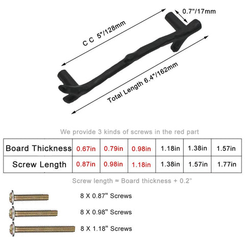 Diagram of large vintage tree twig branch cabinet knob, showing 5 inch hole distance, black zinc alloy with screw sizes and dimensions.