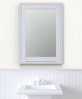 Traditional Classic Leather Texture Vinyl Wallpaper Durable Type Two Commercial Wallcovering on lightly textured wall with mirror.