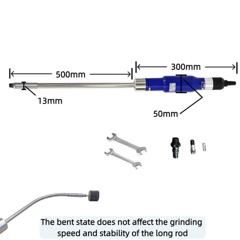 Heavy Duty Pneumatic Air Die Grinder 18000 Rpm With 1/4 Collet showing dimensions 500mm and attachments for grinding tasks.