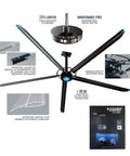 16 Ft HVLS Ceiling Fan with PMSM Motor and Sealed Bearings for Zero-Maintenance Cool Air, featuring five aluminum blades and control panel.