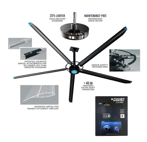 16 Ft HVLS Ceiling Fan with PMSM Motor and Sealed Bearings for Zero-Maintenance Cool Air, featuring five aluminum blades and control panel.