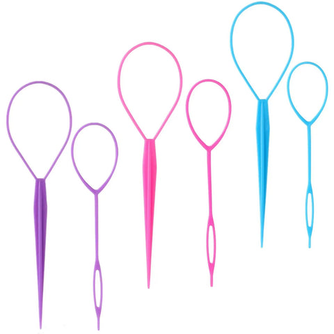 Topsy Tail Hair Tool Set 6 Piece Loop Styling Tools For Ponytails Pull Through Hair Ties Two Sizes And Three Colors Pink Purple Blue, plastic
