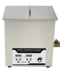 Badass 14L Ultrasonic Cleaner Machine With Crisp Digital Display And Punchy 80khz Frequencies For Jewelry Restoration Stepless Power Knob Hella Rugged Stainless Steel Basin, showing top view with digital controls.