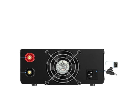 Rear view of Adjustable Lab DC Power Supply Switching Regulator Dual Output 30V 20A And 15V 60A 900W with fan and connectors.