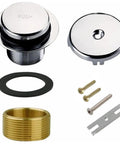 Single Hole Bathtub Drain Kit Silver Plastic Overflow components including push button, washers, and screws for bathtub installation.