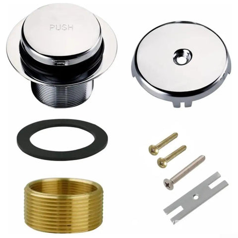 Single Hole Bathtub Drain Kit Silver Plastic Overflow components including push button, washers, and screws for bathtub installation.