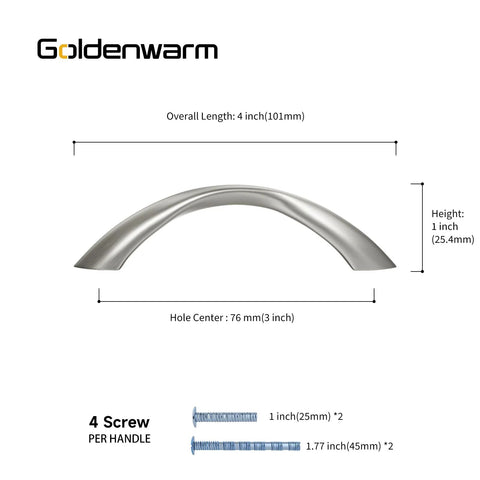 Diagram of Brushed Nickel Cabinet Pulls 10 Pack Arch Twisted Drawer Handles 3 Inch Hole Center 76mm with size details