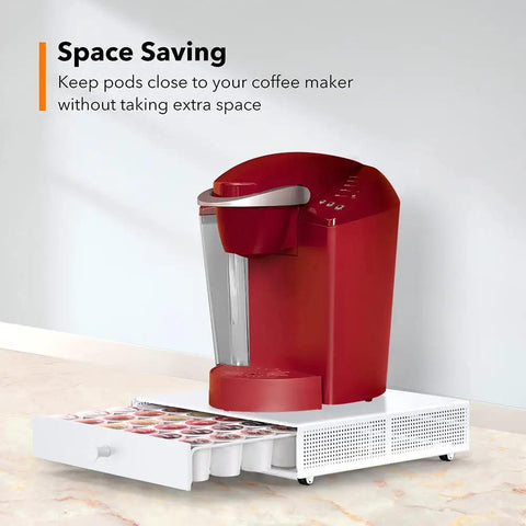 K Cup Holder Sliding Tray With Smooth Glide Pull Out Coffee Pod Organizer rolling storage drawer under red coffee maker on counter